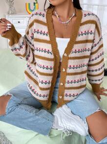 Flirla Plus Striped Pattern Drop Shoulder Cardigan - Multicolor - View 1