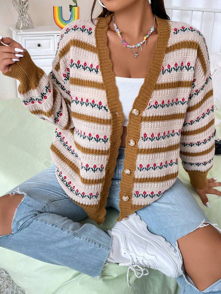 Flirla Plus Striped Pattern Drop Shoulder Cardigan - Multicolor - View 1