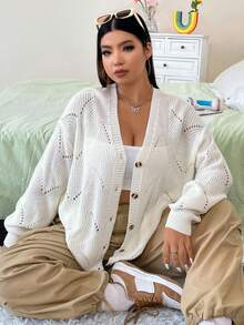 Flirla Plus Pointelle Knit Drop Shoulder Cardigan - White - View 4