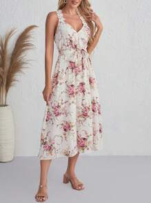 SHEIN Clasi Floral Print Belted Cami Dress - White - View 5
