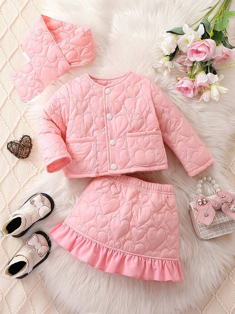 Baby Girl Solid Quilted Jacket & Ruffle Hem Skirt & Scarf