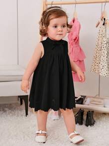 SHEIN Casual Baby Girl Hollow Out Dress With Bowknot At Front - Black - View 6
