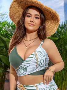 SHEIN Swim Curve 大碼熱帶圖案交叉圍裹後背繫帶吊帶比基尼泳裝上衣 - 軍綠色 - 查看 3