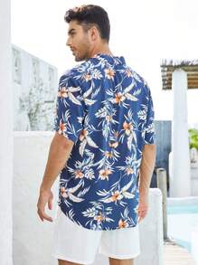 Men Floral Print Shirt - Blue - View 2