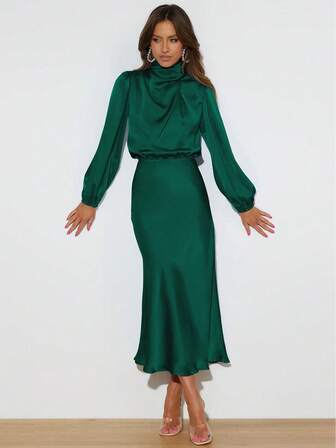 Keyhole Back Lantern Sleeve Satin Dress