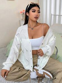 Flirla Plus Pointelle Knit Drop Shoulder Cardigan - White - View 1