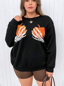 Flirla Plus Halloween Print Drop Shoulder Sweatshirt Pullover Fall Sweatshirt - Black - View 4
