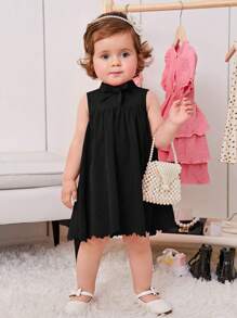 SHEIN Casual Baby Girl Hollow Out Dress With Bowknot At Front - Black - View 5