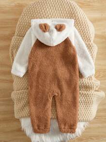 SHEIN Baby Girl 3D Ear Design Raglan Sleeve Hooded Teddy Jumpsuit - Brown - View 2