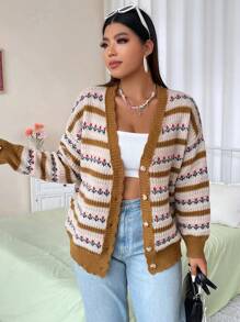 Flirla Plus Striped Pattern Drop Shoulder Cardigan - Multicolor - View 6