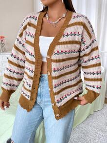 Flirla Plus Striped Pattern Drop Shoulder Cardigan - Multicolor - View 7