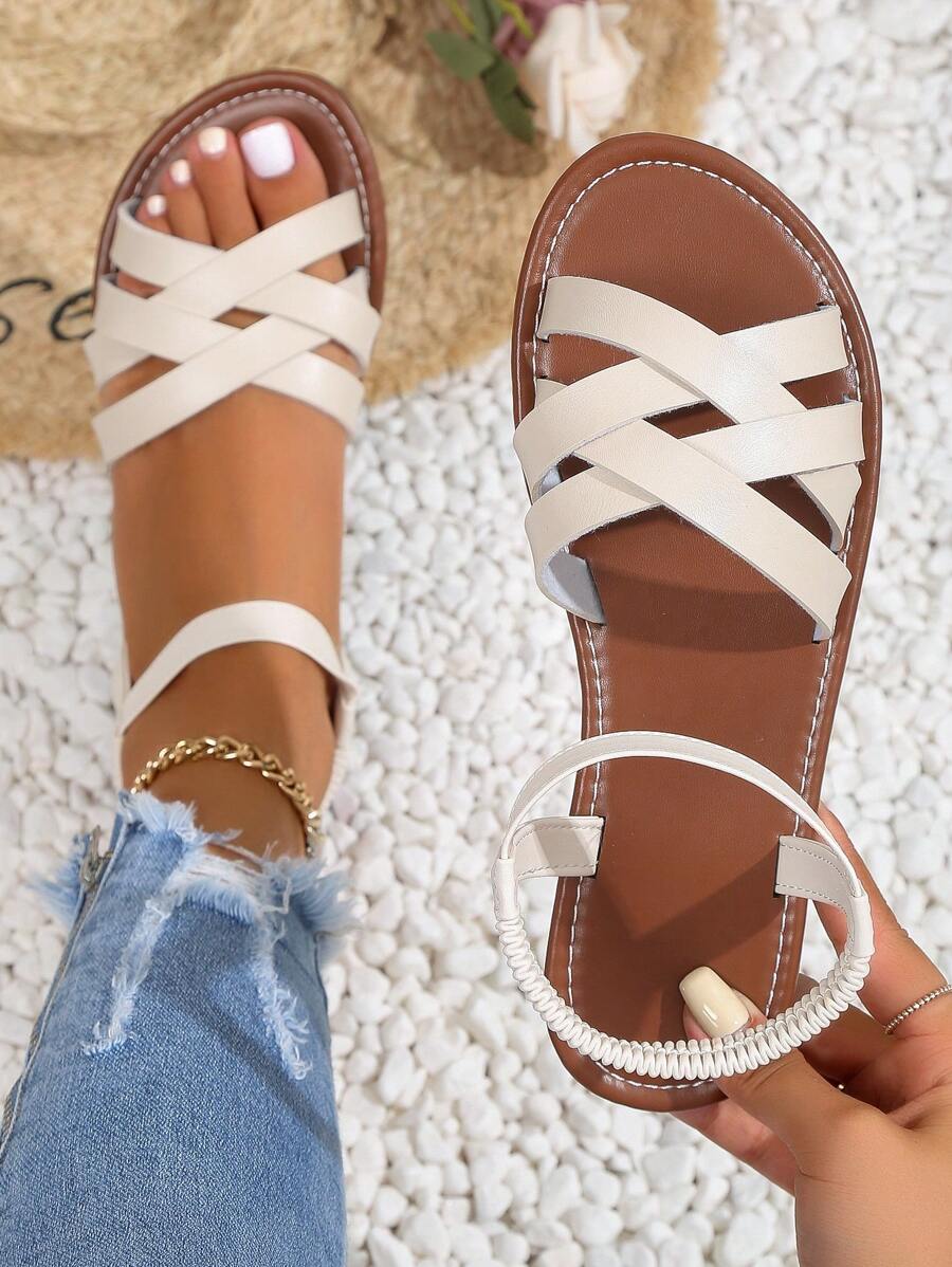 Elegant Beige Sandals For Women, Criss Cross Ankle Strap Sandals