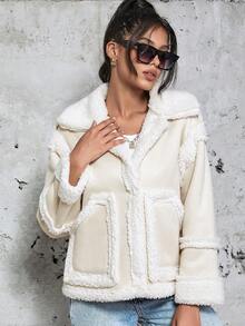 Eilly Bazar Faux Sheepskin Lined Suede Jacket - Beige - View 4