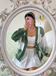 Flirla Plus Colorblock Drop Shoulder Cardigan, Winter - Green - View 4