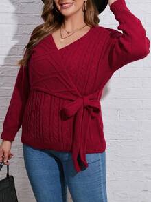 SHEIN LUNE Plus Cable Knit Knot Side Wrap Sweater - Red - View 5
