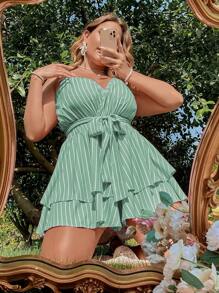 SHEIN LUNE Hơn In sọc Thắt lưng Cami Romper - Màu xanh Bạc hà - Xem 1