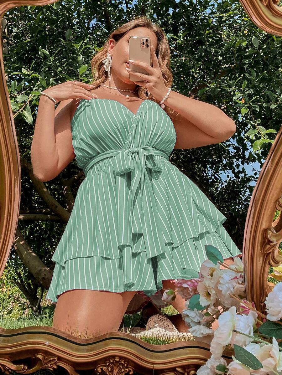 SHEIN LUNE Hơn In sọc Thắt lưng Cami Romper - Màu xanh Bạc hà - Xem 1