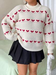 Flirla Plus Heart Pattern Drop Shoulder Sweater, For Winter Knit Pullover Fall Outfit - Multicolor - View 1