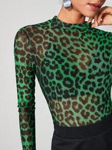 Maija 豹紋印花透視網紗上衣不附胸罩