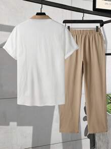 Manfinity Homme Men Loose Colorblock Button Up Shirt & Pants , Work , Casual , Husband , Color Block - Khaki - View 2