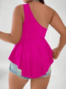 SHEIN Allurite Plus Heart Ring Linked Cut Out One Shoulder Peplum Top - Hot Pink - View 2