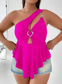 SHEIN Allurite Plus Heart Ring Linked Cut Out One Shoulder Peplum Top - Hot Pink - View 6