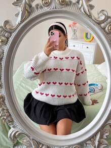 Flirla Plus Heart Pattern Drop Shoulder Sweater, For Winter Knit Pullover Fall Outfit - Multicolor - View 3