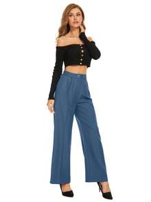 Solid High Waist Straight Leg Pants