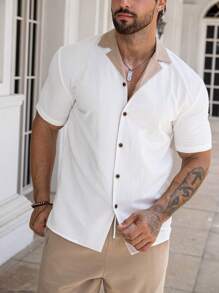 Manfinity Homme Men Loose Colorblock Button Up Shirt & Pants , Work , Casual , Husband , Color Block - Khaki - View 5