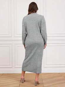 RueChic Hơn Cổ giả Chi tiết chuỗi Thả vai Đầm Áo len - Xám - Xem 2