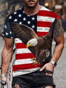 Manfinity LEGND 男士休闲美国国旗和鹰印花短袖 T 恤，适合外出，适合丈夫 - 彩色 - 查看 1