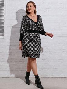 EMERY ROSE Plus Plaid Pattern Batwing Sleeve Sweater Dress - Multicolor - View 7