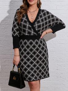 EMERY ROSE Plus Plaid Pattern Batwing Sleeve Sweater Dress - Multicolor - View 6