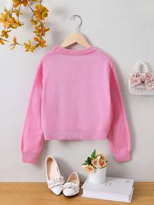 SHEIN Cô gái Tween Mẫu Dâu tây Thả vai Áo len - Hồng - Xem 2