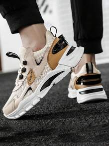Men's Fashionable Color Block Lace-Up Chunky Sneakers For All Seasons - Beige - View 3