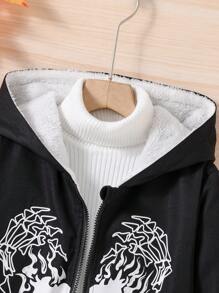 SHEIN Tween Girl 1pc Skeleton Hand Print Teddy Lined Hooded Jacket - Black - View 4