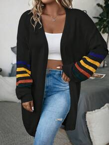 SHEIN LUNE Plus Striped Pattern Drop Shoulder Duster Cardigan - Black - View 3