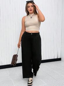 Flirla Plus Solid Slant Pocket Pants - Black - View 6