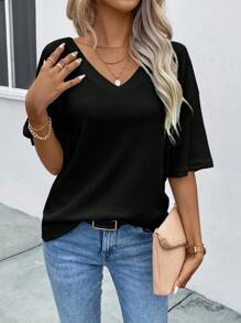 SHEIN LUNE 素色落肩T恤 - 黑色 - 查看 3