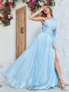 Asymetryczna sukienka z wycięciem na szyi i talią, z rękawami w kształcie latarni, elegancka, z długim rękawem, formalna, wieczorowa, balowa, na przyjęcie weselne, na zakończenie szkoły, sukienka na przyjęcie