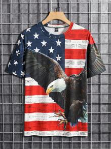 Manfinity LEGND 男士休闲美国国旗和鹰印花短袖 T 恤，适合外出，适合丈夫 - 彩色 - 查看 3