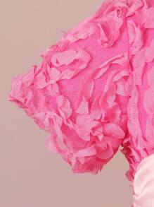 女嬰貼花細節泡泡袖派對禮服 - 粉色 - 查看 3