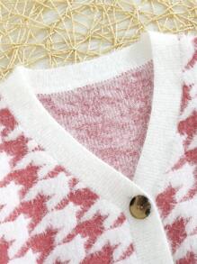 SHEIN Young Girl Houndstooth Pattern Cardigan & Cami Knit Top - Red and White - View 3