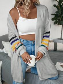 SHEIN LUNE Plus Striped Pattern Drop Shoulder Duster Cardigan, For Winter