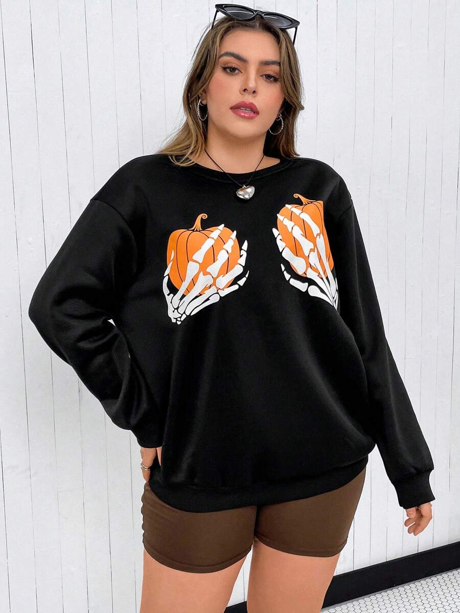 Flirla Plus Halloween Print Drop Shoulder Sweatshirt Pullover Fall Sweatshirt - Black - View 1
