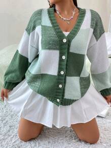 Flirla Plus Colorblock Drop Shoulder Cardigan, Winter - Green - View 7