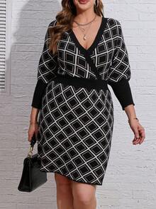 EMERY ROSE Plus Plaid Pattern Batwing Sleeve Sweater Dress - Multicolor - View 4