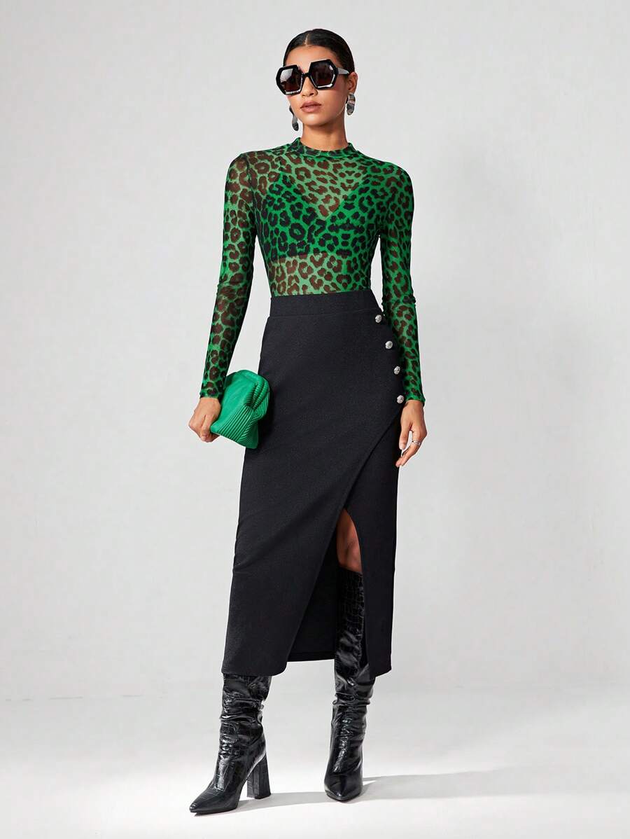 Maija 豹紋印花透視網紗上衣不附胸罩