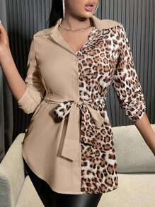 SHEIN Unity Leopard Print Belted Shirt - Khaki - View 1