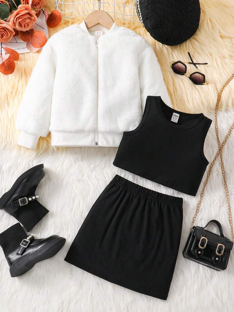 Young Girl Zip Up Teddy Bomber Jacket & Tank Top & Skirt